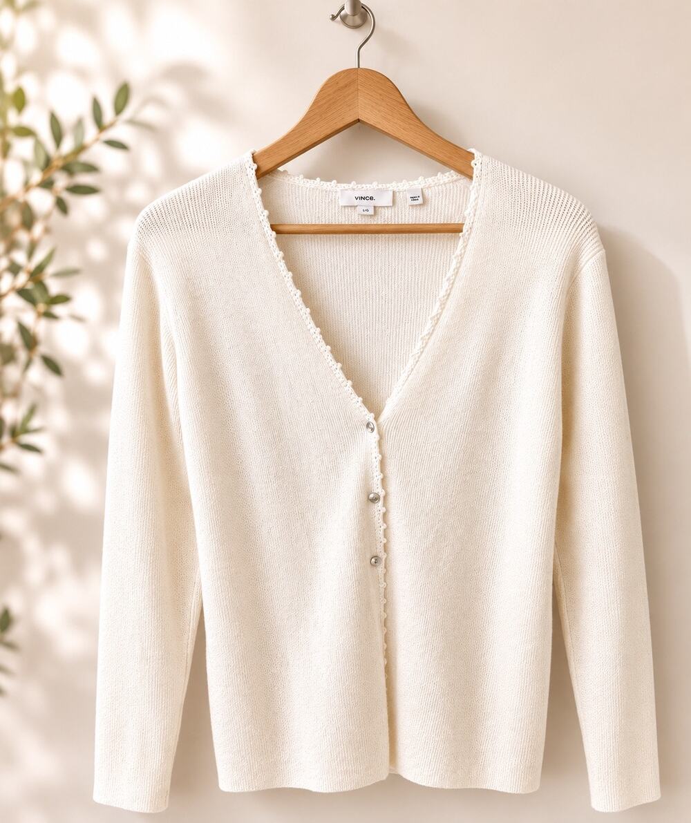 Vince Linen Blend Cream Cardigan Sweater Ivory White Vneck Crochet Trim L